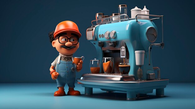 A photo of a cheerful 3D character brewing espresso