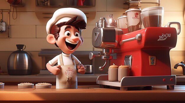 A photo of a cheerful 3D character brewing espresso