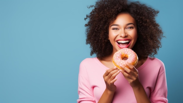 Photo cheerful brunette has fun posing with delicious donuts in the studio generated by ai