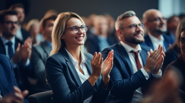 Фото веселых деловых людей, аплодирующих в зале заседаний, созданное AI