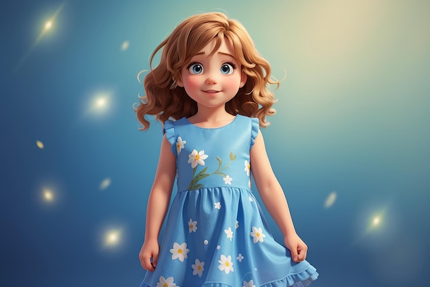 Photo cheerful child cartoon illustration happy little caucasian girl in a dress on a blue background