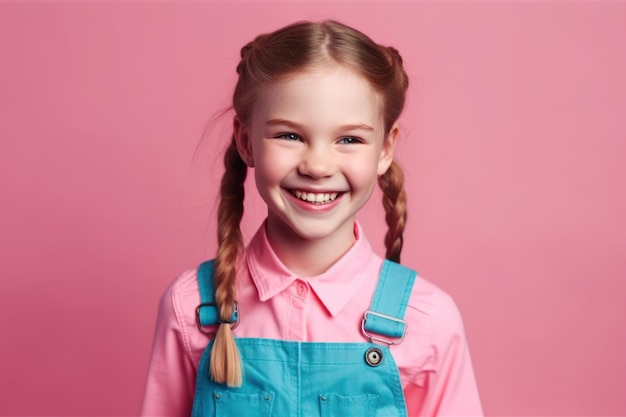 Photo of cheerful shiny schoolgirl dressed pink overall smiling isolated turquoise color background