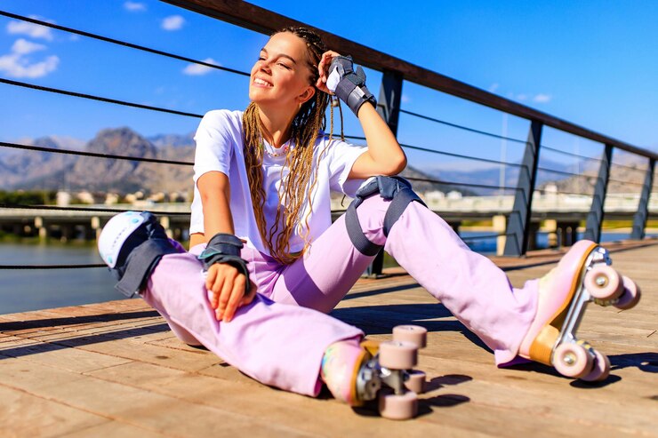 Photo of cheerful young happy woman wear white tshirt and bellbottomed trousers with pink pastel color roller skates outdoors in sunny day