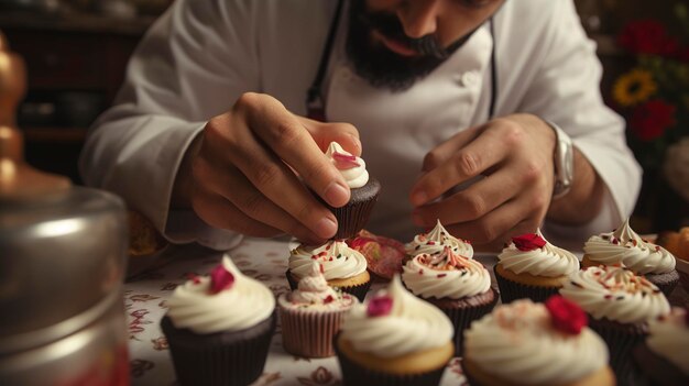 Foto una foto di uno chef che decora i cupcake
