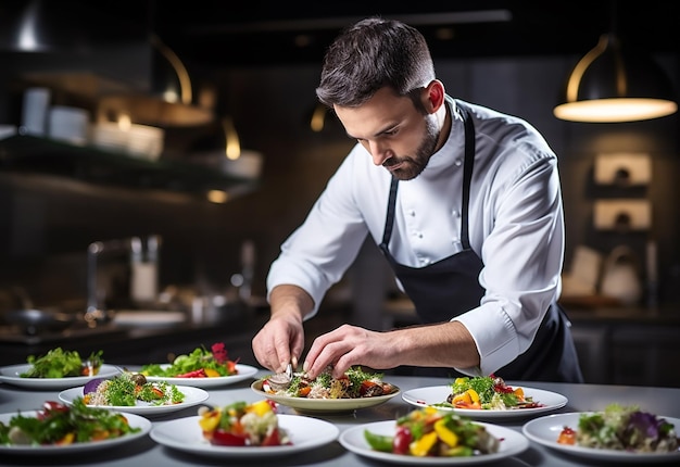 Photo of chef garnishing and decorating restaurant food in kitchen