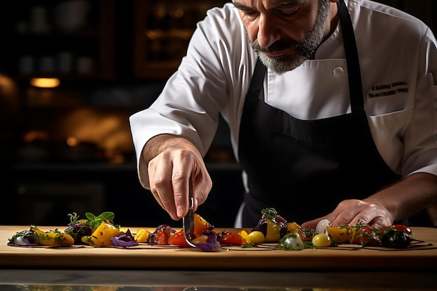 Photo A chef garnishing a dish with sliced olives