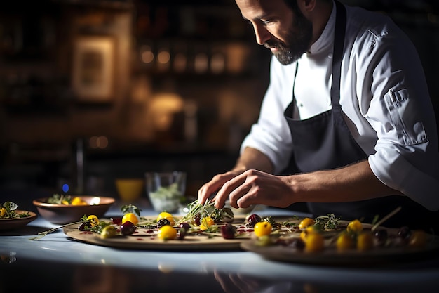 Photo A chef garnishing a dish with sliced olives