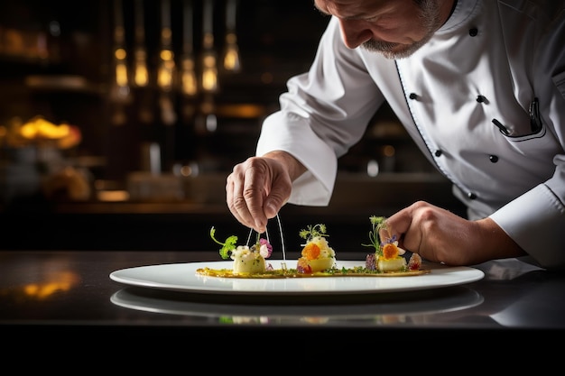 Foto foto di uno chef che guarnisce un piatto da pranzo generativo ai