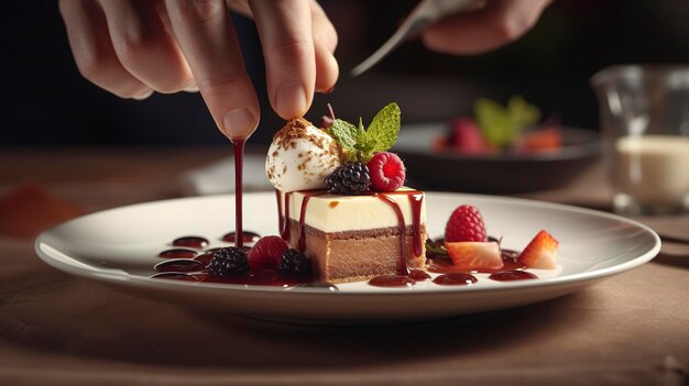 A photo of a chef plating a dessert