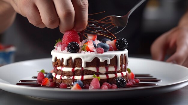 A photo of a chef plating a gourmet dessert