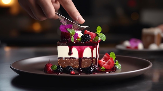 A photo of a chef plating a gourmet dessert