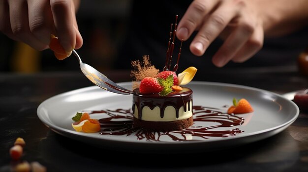 A photo of a chef plating a gourmet dessert