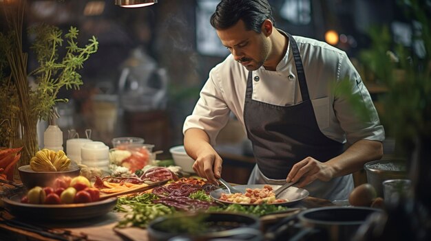 A photo of a chef preparing a gourmet meal