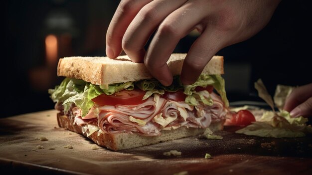 Foto una foto delle mani di uno chef che assembla un panino