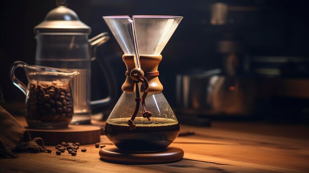 Photo a photo of a chemex pourover setup with coffee beans