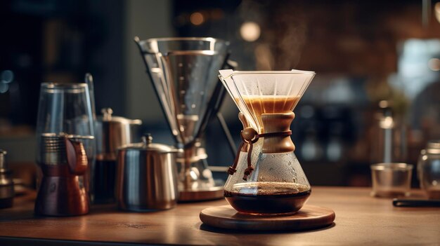 Photo a photo of a chemex pourover setup with coffee cup