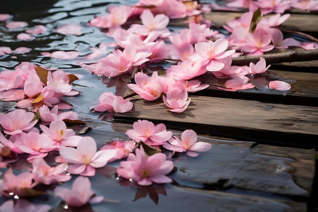 Foto foto di petali di fiori di ciliegio su un ponte di legno