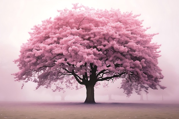 Photo photo of cherry blossom tree in the morning mist