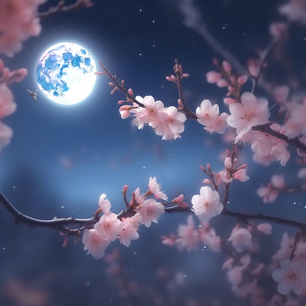 A photo of a cherry blossom tree with the moon in the background.