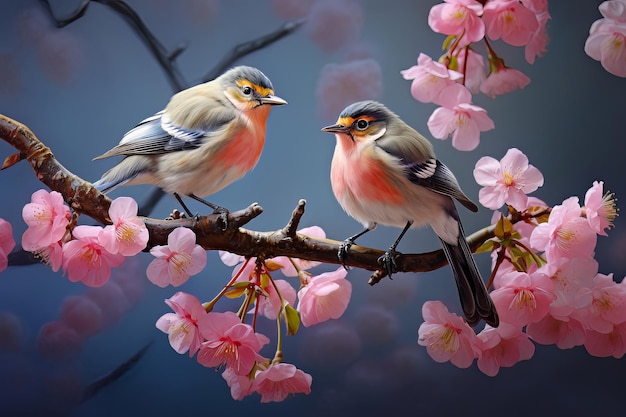 桜の花と野生の捕獲鳥の写真