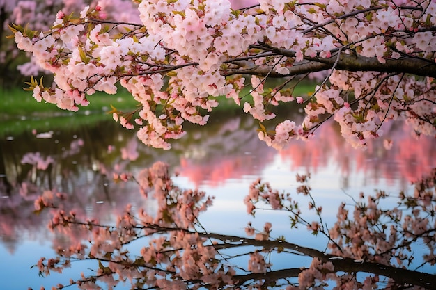 Photo of Cherry blossoms reflecting in a pond peaceful landscape