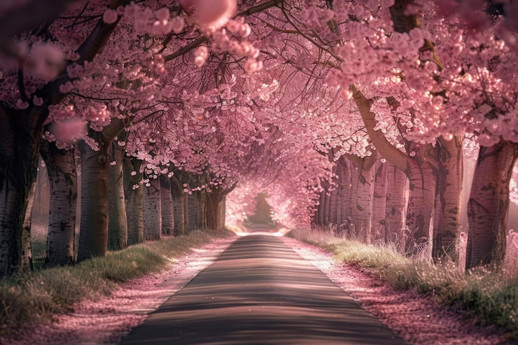 Photo photo of cherry blossoms road landscape outdoors