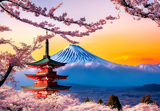 春の桜、忠霊塔と夕暮れの富士山の写真