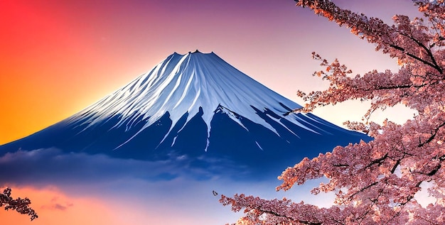 春の桜と忠霊塔と夕暮れの富士山の写真