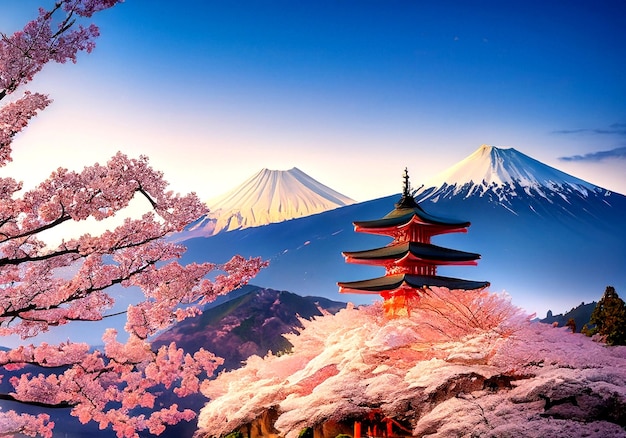 春の桜、忠霊塔と夕暮れの富士山の写真