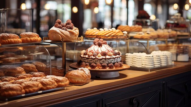 A photo of a chic bakery emphasizing artisanal pastries