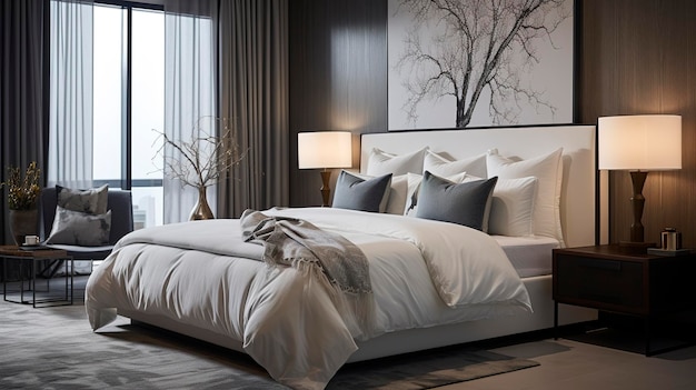 A Photo of a Chic Boutique Hotel Room with Stylish Bedding and Modern Furniture