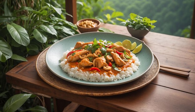 Photo a photo of the chicken and cashew red curry with rice and herbs served on a picturesque outdoor pati