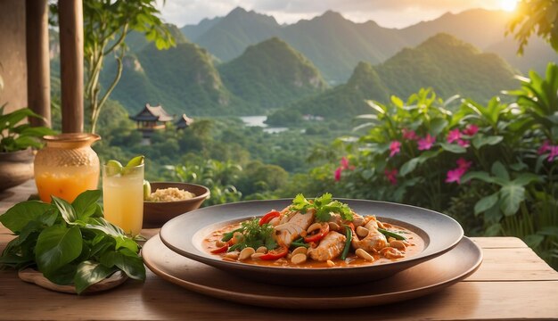 Photo a photo of the chicken and cashew red curry with rice and herbs served on a picturesque outdoor pati