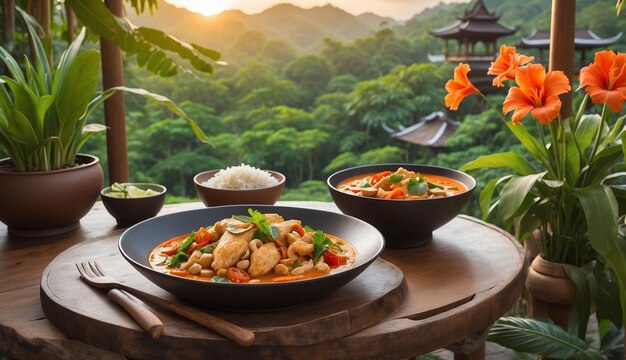 Photo a photo of the chicken and cashew red curry with rice and herbs served on a picturesque outdoor pati