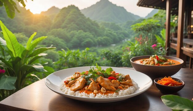A photo of the Chicken and Cashew Red Curry with Rice and Herbs served on a picturesque outdoor pati