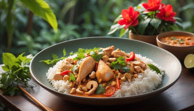 A photo of the Chicken and Cashew Red Curry with Rice and Herbs served on a picturesque outdoor pati