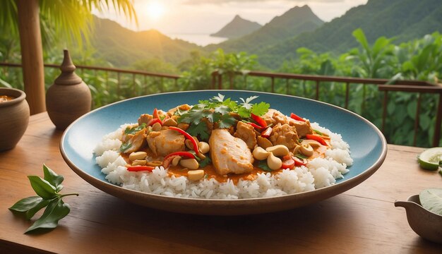 A photo of the Chicken and Cashew Red Curry with Rice and Herbs served on a picturesque outdoor pati