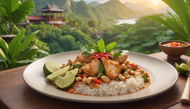 Photo a photo of the chicken and cashew red curry with rice and herbs served on a picturesque outdoor pati