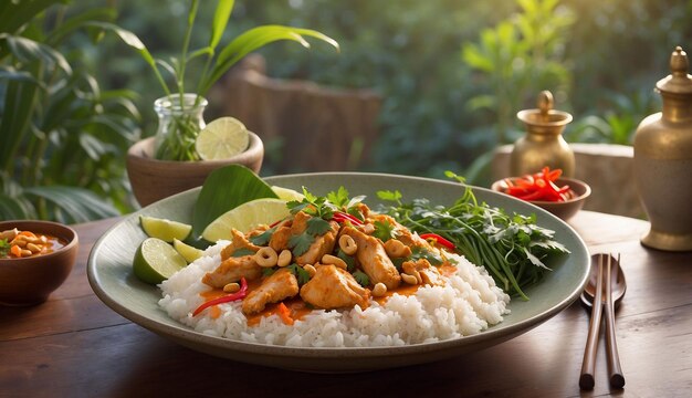 Photo a photo of the chicken and cashew red curry with rice and herbs served on a picturesque outdoor pati