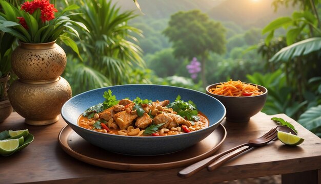 A photo of the Chicken and Cashew Red Curry with Rice and Herbs served on a picturesque outdoor pati