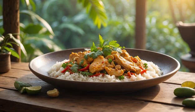 A photo of the Chicken and Cashew Red Curry with Rice and Herbs served on a picturesque outdoor pati