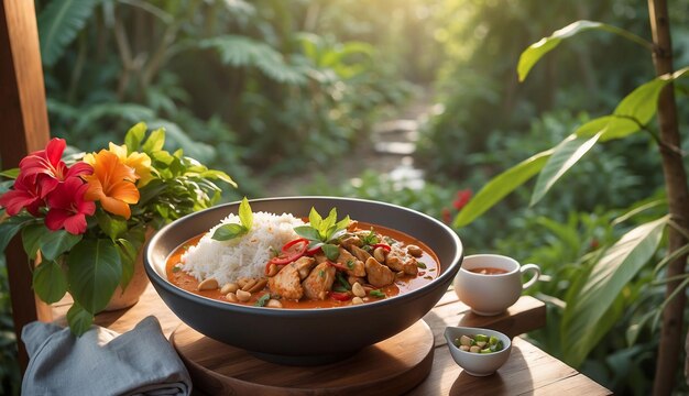 A photo of the Chicken and Cashew Red Curry with Rice and Herbs served on a picturesque outdoor pati