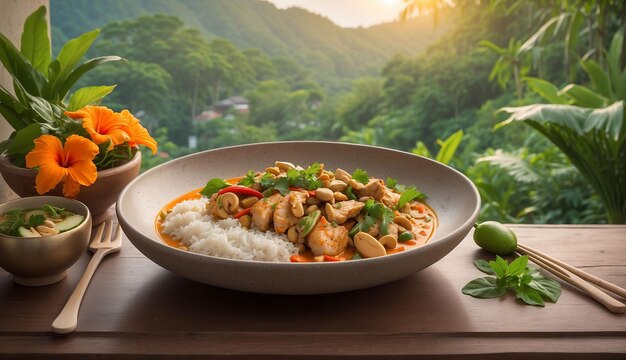 Photo a photo of the chicken and cashew red curry with rice and herbs served on a picturesque outdoor pati