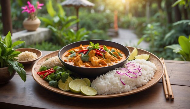 Photo a photo of the chicken and cashew red curry with rice and herbs served on a picturesque outdoor pati