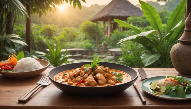 A photo of the Chicken and Cashew Red Curry with Rice and Herbs served on a picturesque outdoor pati