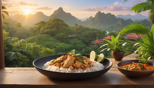 Photo a photo of the chicken and cashew red curry with rice and herbs served on a picturesque outdoor pati