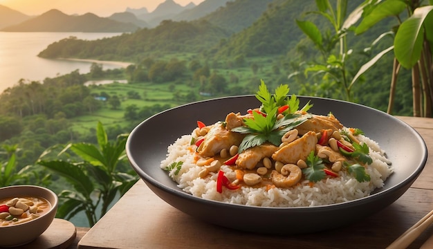 Photo a photo of the chicken and cashew red curry with rice and herbs served on a picturesque outdoor pati