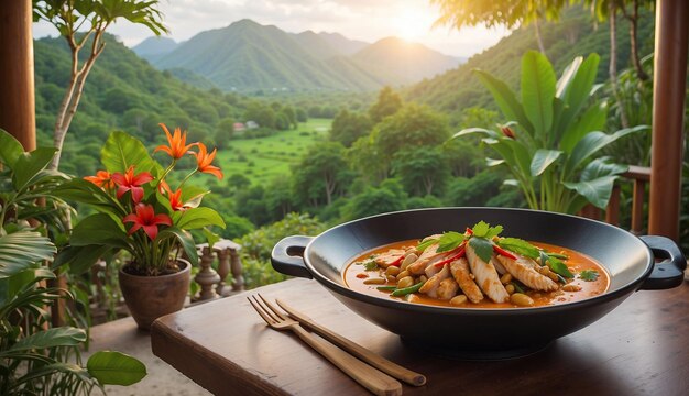 A photo of the Chicken and Cashew Red Curry with Rice and Herbs served on a picturesque outdoor pati