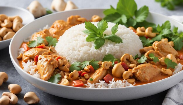 A photo of the Chicken and Cashew Red Curry with Rice and Herbs Thai inspired dish beautifully