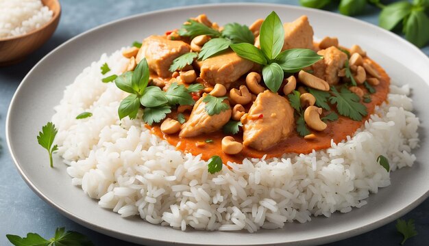 A photo of the Chicken and Cashew Red Curry with Rice and Herbs Thaiinspired dish beautifully